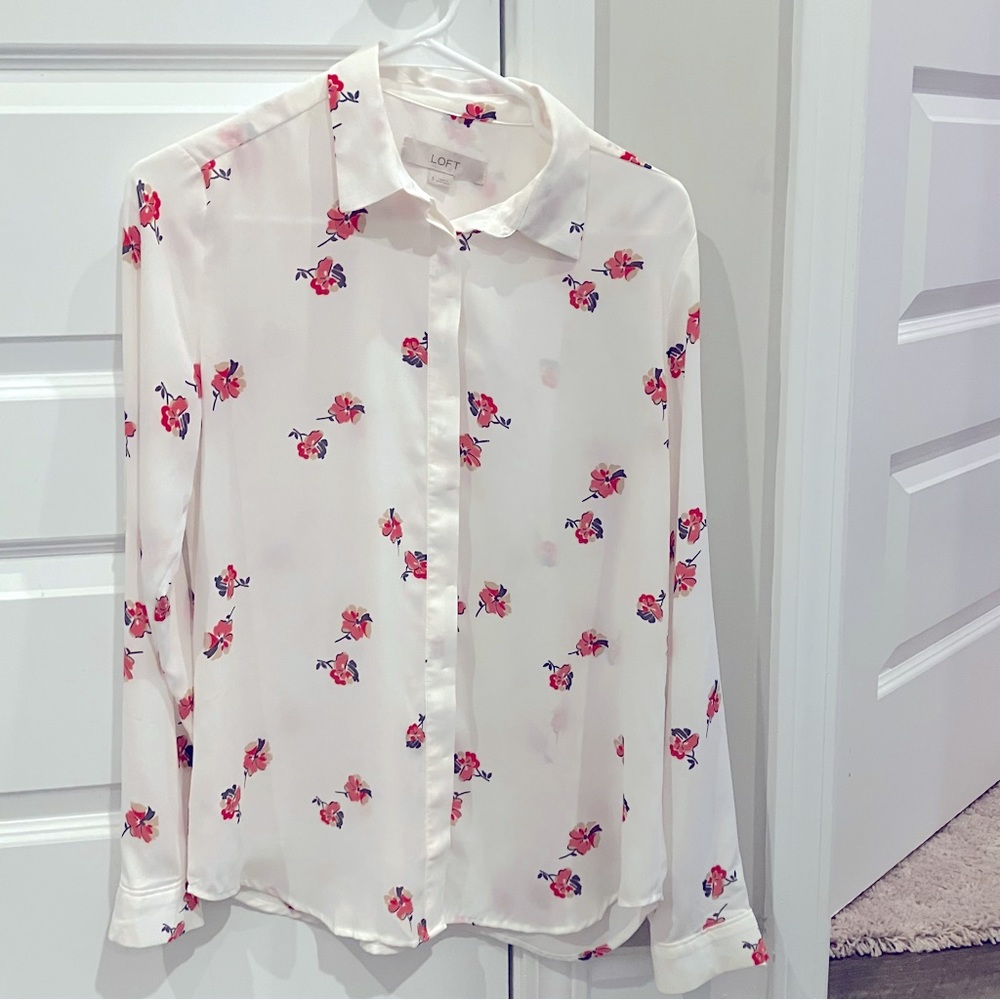 Loft dress shirt white blouse floral pink and grey size s button down